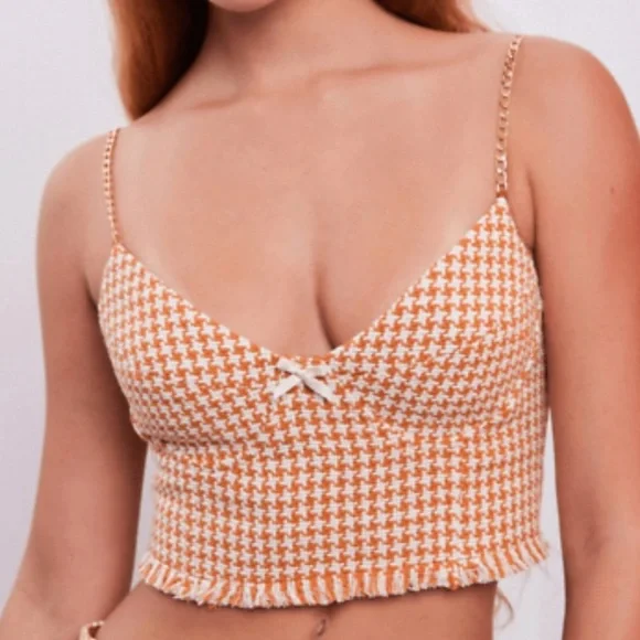 Cider Orange Tweed Houndstooth Raw Hem Crop Tank Top AND Jacket - Picture 5 of 7